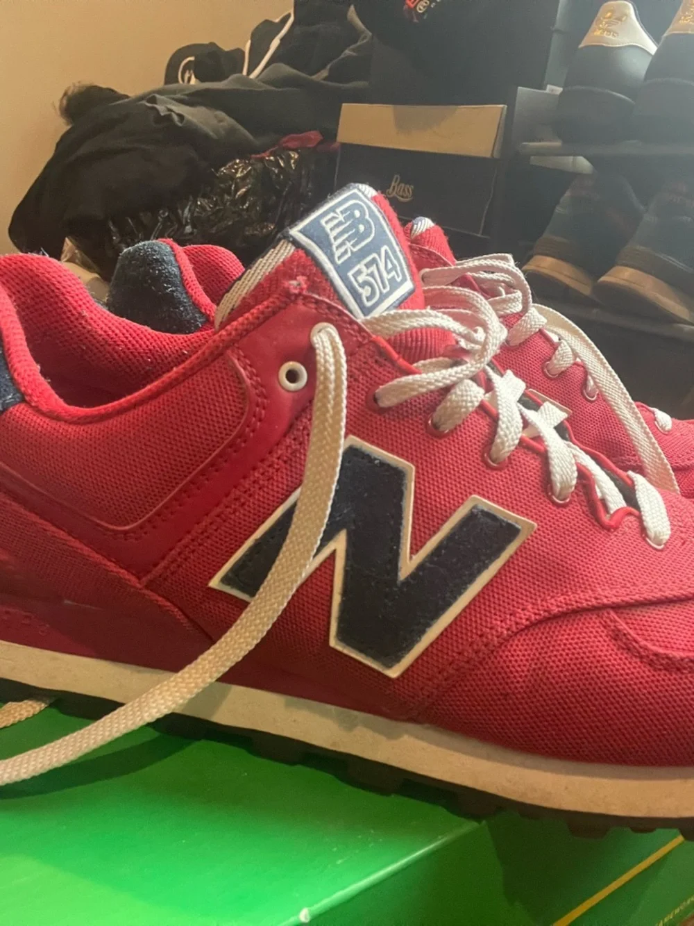 New Balance 574 Red & Navy Canvas Sneakers - Picture 3 of 4